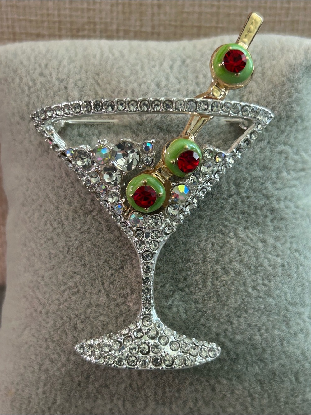 Crystal Martini Glass Brooch with Red & Green Olive Accents